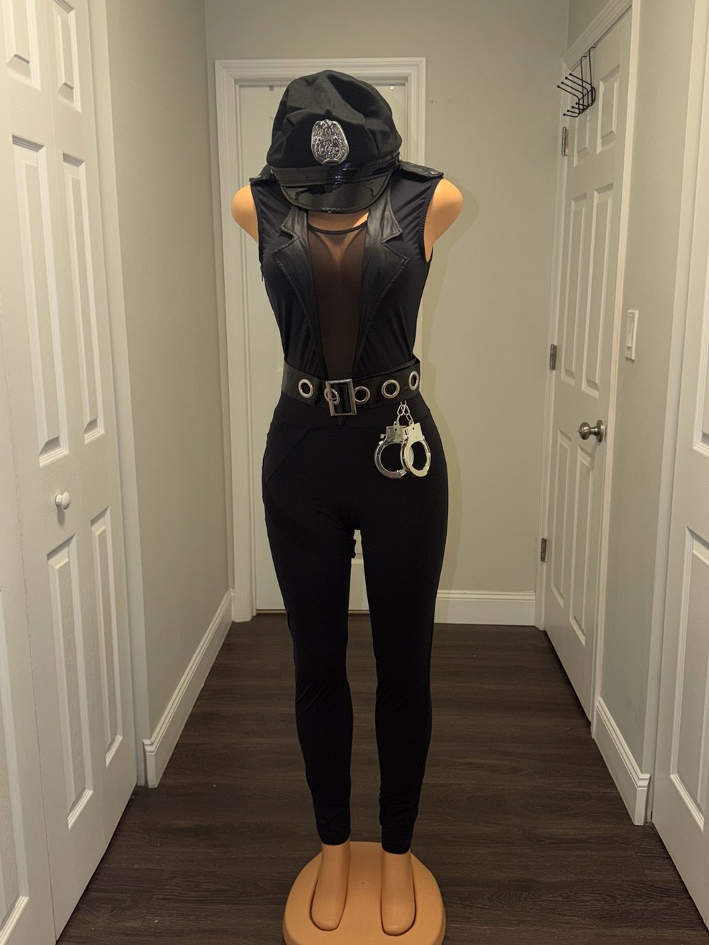 HALLOWEEN fancy Police Black Mesh-Front Skinny Jumpsuit w/ Grommet Belt , cap